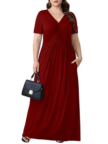 PEVRL Plus Size Maxi Dresses for Women Summer Casual Short Sleeve Long Dress with Pockets Wine Red 3X - Image 2