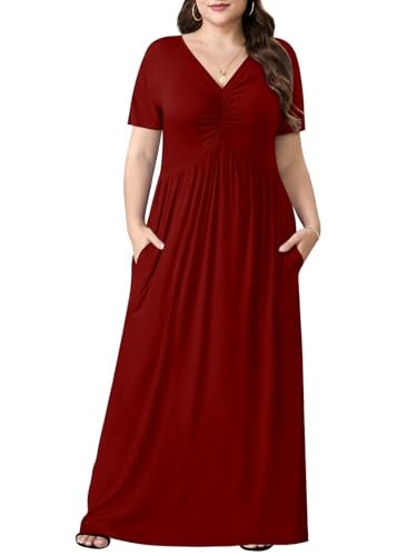 PEVRL Plus Size Maxi Dresses for Women Summer Casual Short Sleeve Long Dress with Pockets Wine Red 3X - Image 5