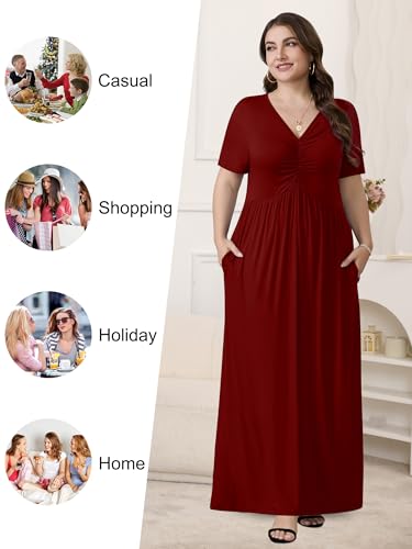 PEVRL Plus Size Maxi Dresses for Women Summer Casual Short Sleeve Long Dress with Pockets Wine Red 3X - Image 4