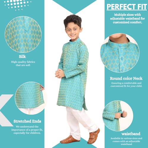 BABA AND BABY Kids Boys Jacquard Silk Kurta and Pyjama Set (15-16 Years, Peacock Green) - Image 3