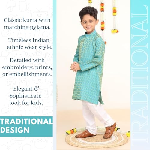 BABA AND BABY Kids Boys Jacquard Silk Kurta and Pyjama Set (15-16 Years, Peacock Green) - Image 4