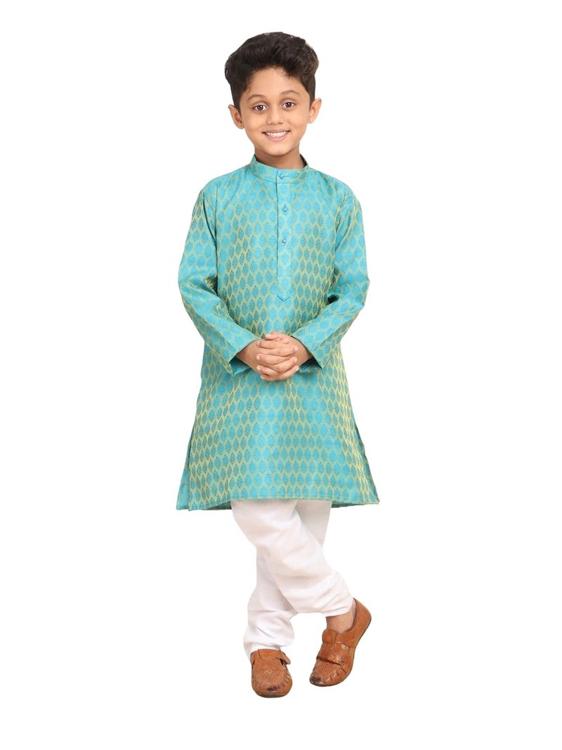 BABA AND BABY Kids Boys Jacquard Silk Kurta and Pyjama Set (15-16 Years, Peacock Green) - Image 1