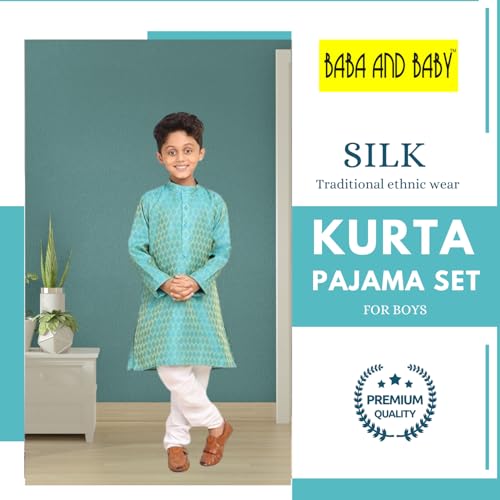 BABA AND BABY Kids Boys Jacquard Silk Kurta and Pyjama Set (15-16 Years, Peacock Green) - Image 2