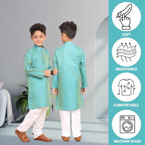 BABA AND BABY Kids Boys Jacquard Silk Kurta and Pyjama Set (15-16 Years, Peacock Green) - Image 5
