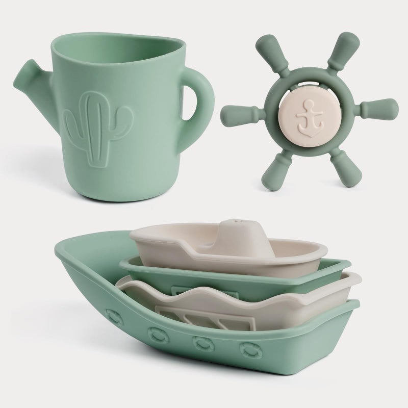 Haakaa Nautical Silicone Baby Bath Toys Set Food Grade Silicone Bathtub Toys for Toddlers MoldFree Stacking Boats Spinner Toy Pouring Cup BPA Free Floating Tub Toys for Baby 6M - Image 3