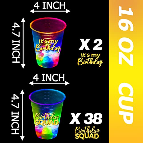 mishunyus 40 Pack Glow Birthday Squad Cups 16oz - Reusable Light Up Party Cups for Adult Birthdays 21st, 30th, 40th, 50th, 60th Theme Decorations Supplies, Night Club Party Favors - Image 2