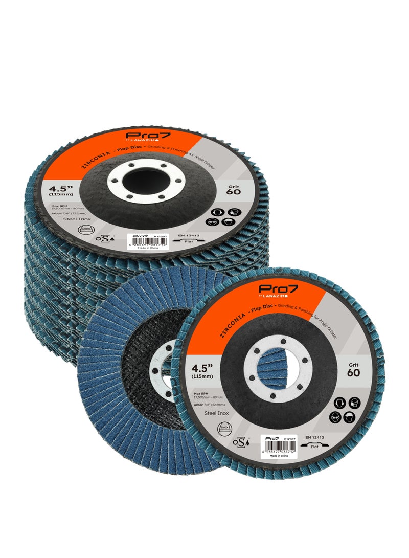 LAWAZIM Pro7 10 Pack Flap Disc Zirconia - 4.5 x 7/8-Inch 60 Grit - Type 27 Zirconia Abrasive Grinding Wheel for Angle Grinder - Ideal for Stainless Steel, Wood, Rust Removal, and Surface Preparation - Image 1