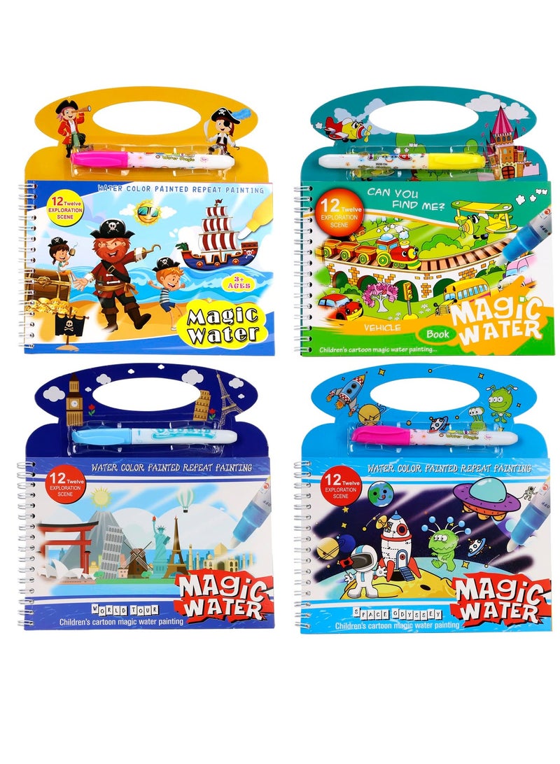 Excefore 4 Pack Water Coloring Books, Repeatedly Scribbling Magic Water Book Vehicle Pirate Space Odyssey World Tour 4 Different Themes Magic Water Paint Coloring Books for Toddler Crafts for Girls Boys - Image 1