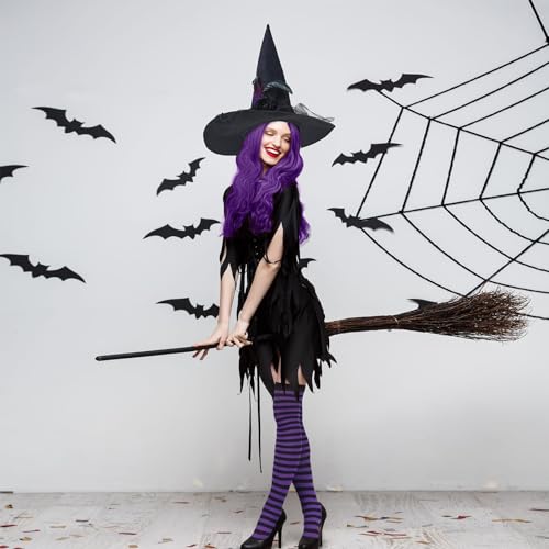 Booson 3 Pcs Halloween Witch Costumes Set Black Pointed Witch Hat Dark Purple Cosplay Wig and Nylon Striped Stockings for Women Girl Cosplay Party Costume Accessory - Image 2
