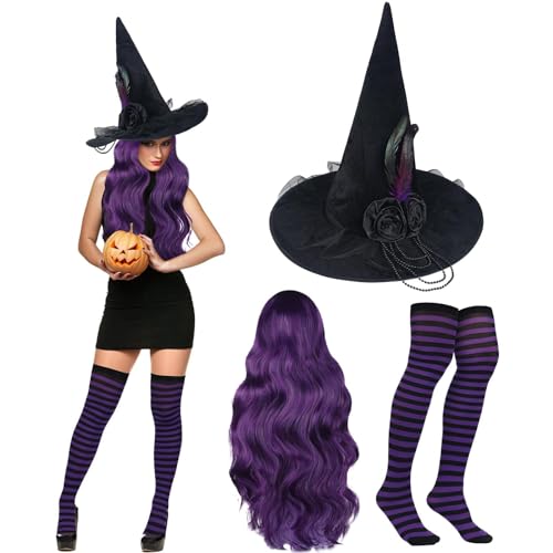 Booson 3 Pcs Halloween Witch Costumes Set Black Pointed Witch Hat Dark Purple Cosplay Wig and Nylon Striped Stockings for Women Girl Cosplay Party Costume Accessory - Image 1