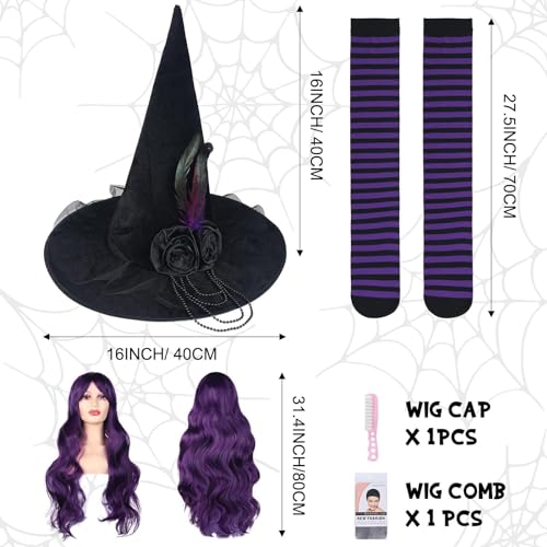Booson 3 Pcs Halloween Witch Costumes Set Black Pointed Witch Hat Dark Purple Cosplay Wig and Nylon Striped Stockings for Women Girl Cosplay Party Costume Accessory - Image 3