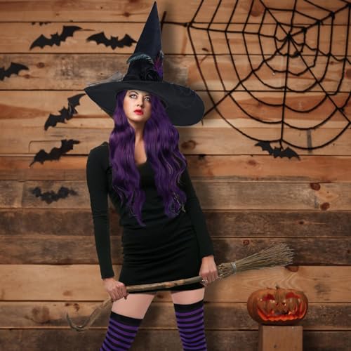 Booson 3 Pcs Halloween Witch Costumes Set Black Pointed Witch Hat Dark Purple Cosplay Wig and Nylon Striped Stockings for Women Girl Cosplay Party Costume Accessory - Image 4