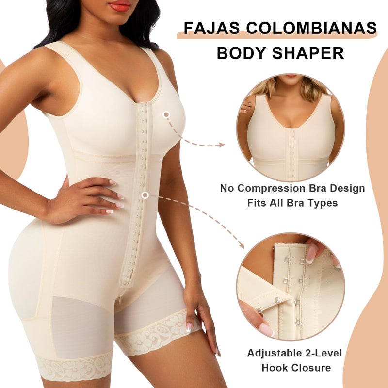 SHAPERX Women's Fajas Colombianas Tummy Control Shapewear Postpartum Full Body Shaper Butt Lifter Bodysuit, SZ7302-Beige-M - Image 3