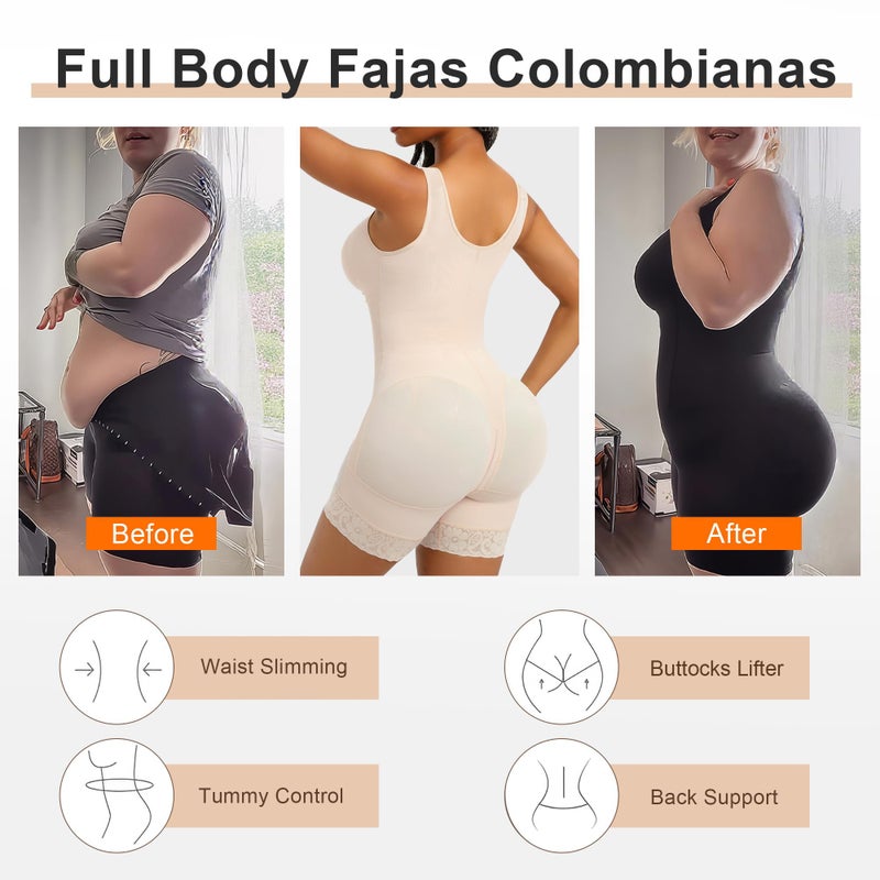 SHAPERX Women's Fajas Colombianas Tummy Control Shapewear Postpartum Full Body Shaper Butt Lifter Bodysuit, SZ7302-Beige-M - Image 5