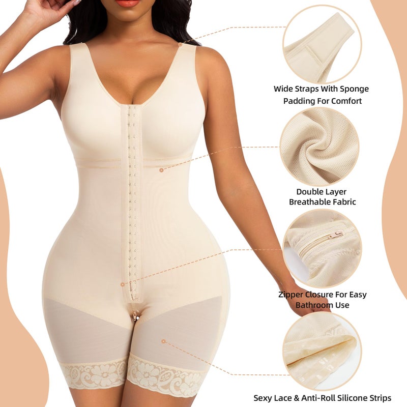 SHAPERX Women's Fajas Colombianas Tummy Control Shapewear Postpartum Full Body Shaper Butt Lifter Bodysuit, SZ7302-Beige-M - Image 4