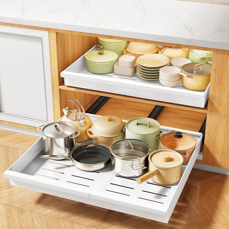 PXRACK Pull out Cabinet Organizer, 1-Pack Expandable(13.6"-24") Silde out Drawers with Raising Pad for Framed Cabinets, Adjustable Full-Extension Adhesive Roll out Shelves for Kitchen Pantry Home Pot and Pan - Image 1