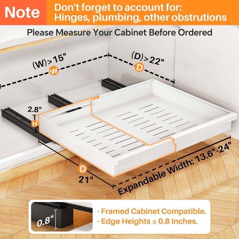 PXRACK Pull out Cabinet Organizer, 1-Pack Expandable(13.6"-24") Silde out Drawers with Raising Pad for Framed Cabinets, Adjustable Full-Extension Adhesive Roll out Shelves for Kitchen Pantry Home Pot and Pan - Image 3