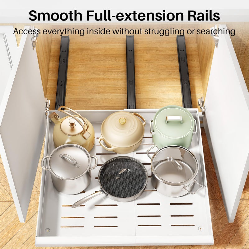 PXRACK Pull out Cabinet Organizer, 1-Pack Expandable(13.6"-24") Silde out Drawers with Raising Pad for Framed Cabinets, Adjustable Full-Extension Adhesive Roll out Shelves for Kitchen Pantry Home Pot and Pan - Image 5