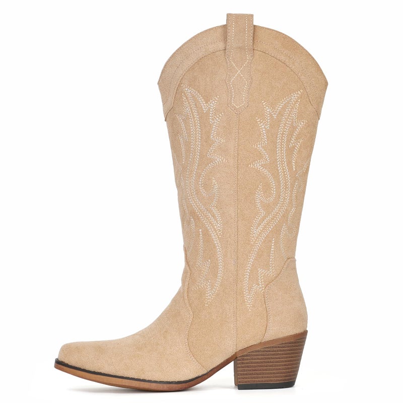IUV Suede Cowboy Boots for Women Western Mid Calf Cowgirl Boots with Embroidered, Retro Snip Toe Fashion Boot With Chunky Block Heel Summer Fall Country Music Festival Cowboy Chic - Image 5