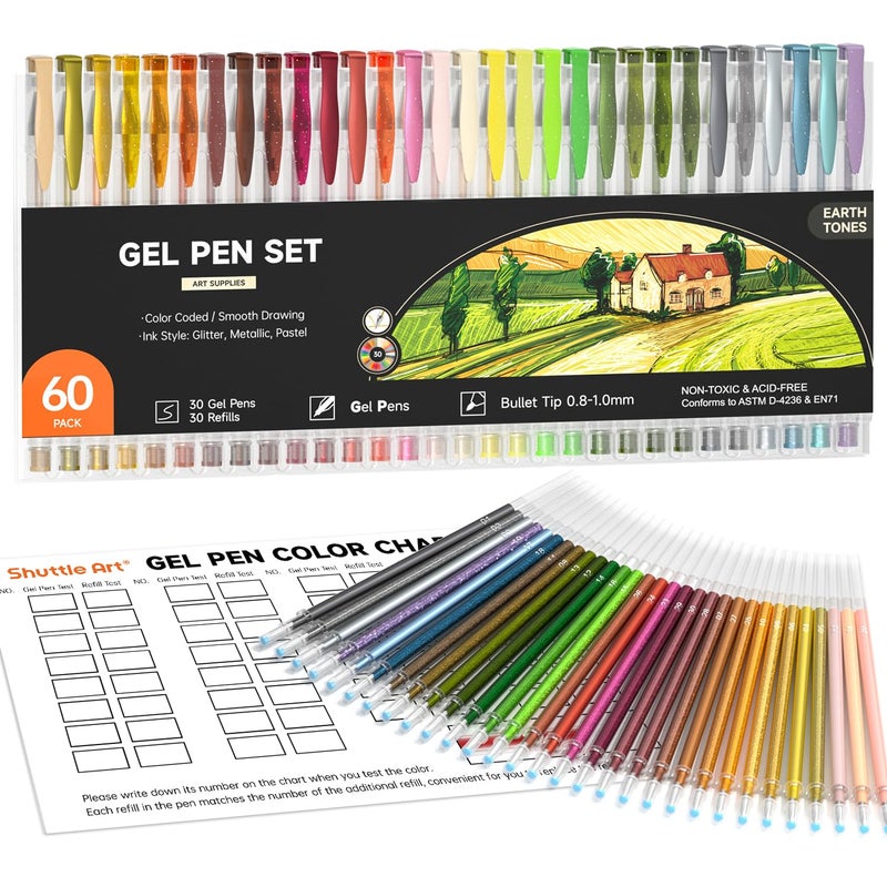 Shuttle Art 60 Pack Earth Tone Gel Pens, 30 Brown Earth Tone Gel Pens with 30 Refills for Adults Coloring Books Journaling Drawing Nature, Landscapes, Animals Scenes - Image 1
