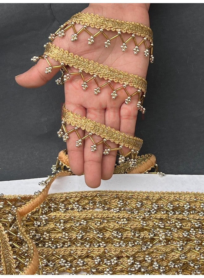 KAVYA FASHION Golden Nalki Pipe with Moti Hanging Lace for Saree Border Finetage for Dresses, Lehenga, Suits, Blouses, Dupatta, Chunri and Craft (9 Meters; 354 inch) (Pipe & Golden Moti Hanging) - Image 1