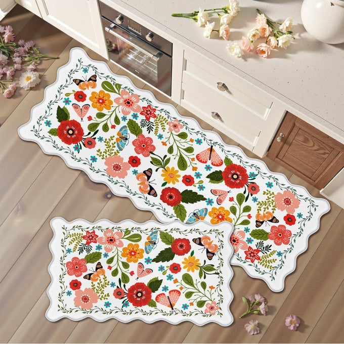 SCALLOPED KITCHEN MATS FOR FLOOR 2PC CUSHIONED ANTI FATIGUE KITCHEN MATS RUGS WATERPROOF NON SLIP FARMHOUSE BOHO FLORAL COMFORT FOAM STANDING MAT FOR SINK LAUNDRY WHITE