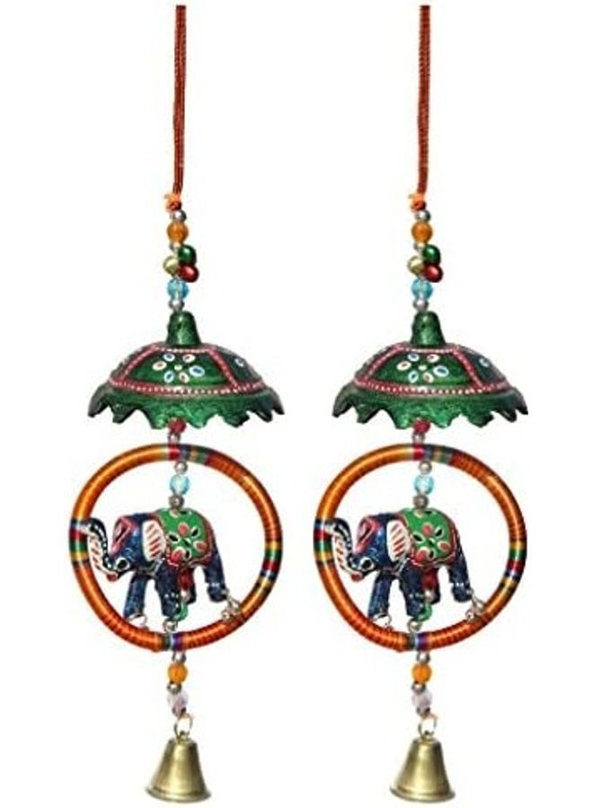 NIBEMINENT Set of 2 Door Hanging Painted Umbrella Surrounding Elephant with Metal Bell Multicolour