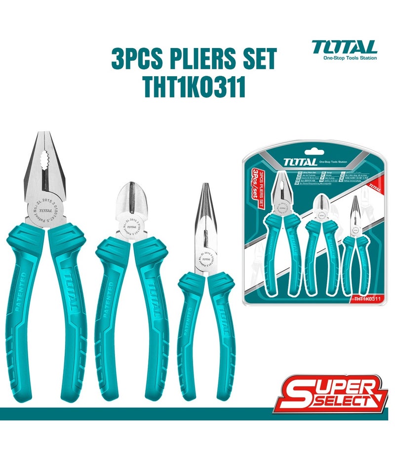 توتال طقم زراديات TOTAL مكون من 3 قطع (THT1K0311) - يشمل زرادية متعددة الاستخدامات، وقاطعة جانبية، وزرادية ذات أنف طويل - طقم أدوات يدوية شديدة التحمل مصنوع من فولاذ الكروم-فاناديوم (Cr-V)، مثالي لأعمال الإصلاح الكهربائي، والمشاريع اليدوية (DIY)، والاستخدامات الصناعية. - Image 1