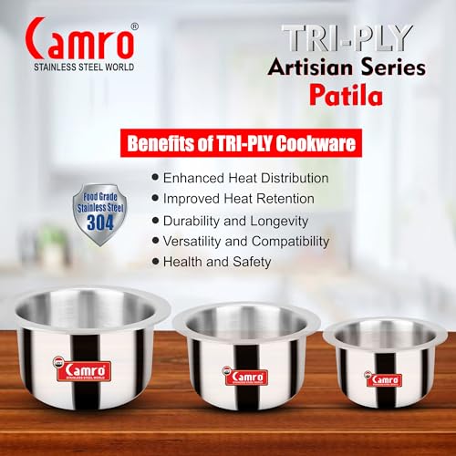 Camro Triply Artisian Patila Steel 1 Litre | Kitchen Tope Stainless Steel Bhagona | Cookware Patila for Cooking Boiling, Steaming | Handi Sandwich Bottom | Induction Base & Gas Stove Compatible - Image 5
