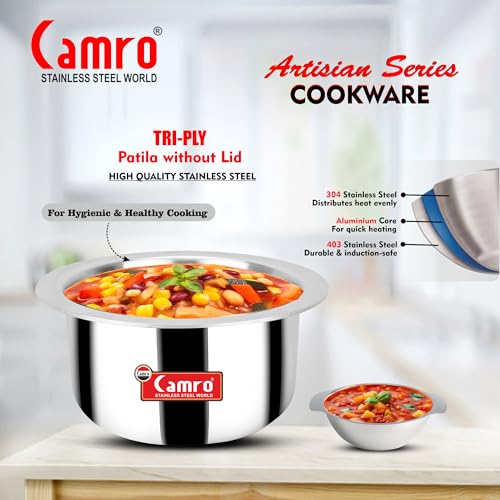 Camro Triply Artisian Patila Steel 1 Litre | Kitchen Tope Stainless Steel Bhagona | Cookware Patila for Cooking Boiling, Steaming | Handi Sandwich Bottom | Induction Base & Gas Stove Compatible - Image 4