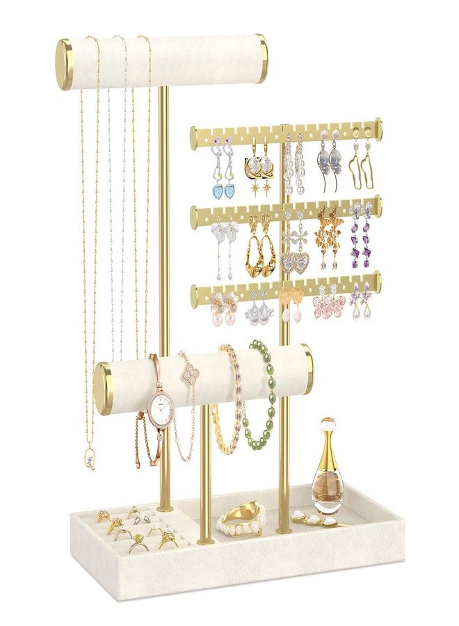 EsLuker.ly Bracelet Holder Earring Display Stand, T Bar Velvet Necklace Organizer Rack with Ring Tray for Vendors Women Selling, Large Capacity Jewelry Tower Tree Tabletop, Effortless Storage - Image 1