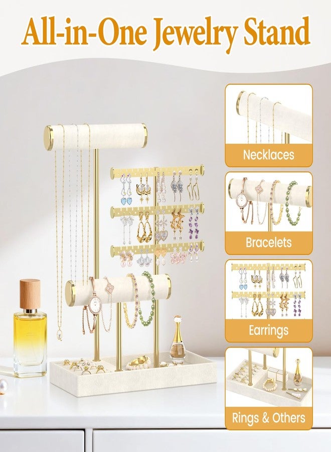 EsLuker.ly Bracelet Holder Earring Display Stand, T Bar Velvet Necklace Organizer Rack with Ring Tray for Vendors Women Selling, Large Capacity Jewelry Tower Tree Tabletop, Effortless Storage - Image 4