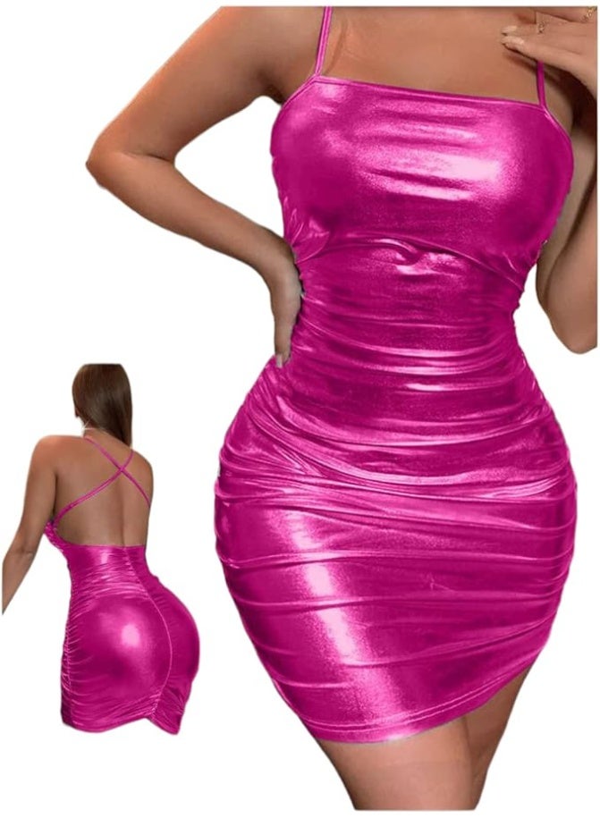 Imported Faux Leather Bodycon Mini Dress for Women Sexy Sleeveless Party Dress Backless Clubwear Fashion Dress Stretch Slim Fit Night Out Dress Elegant Shiny Mini Dress Free Size Up to 65 KG - Image 3