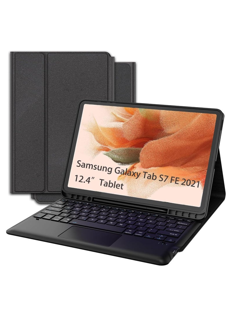 نيو حافظة لوحة مفاتيح لجهاز Samsung Galaxy Tab S7 FE مقاس 12.4 بوصة - غطاء لوحة مفاتيح ذكي مغناطيسي لاسلكي قابل للفصل ومضاد للماء - لوحة مفاتيح رفيعة سوداء مع حامل قلم لجهاز S7 - Image 1