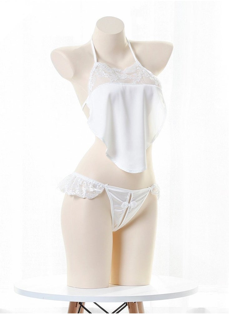 Joychic Women Retro Bowknot Suspender Bellyband Lingerie Set White  - Image 2
