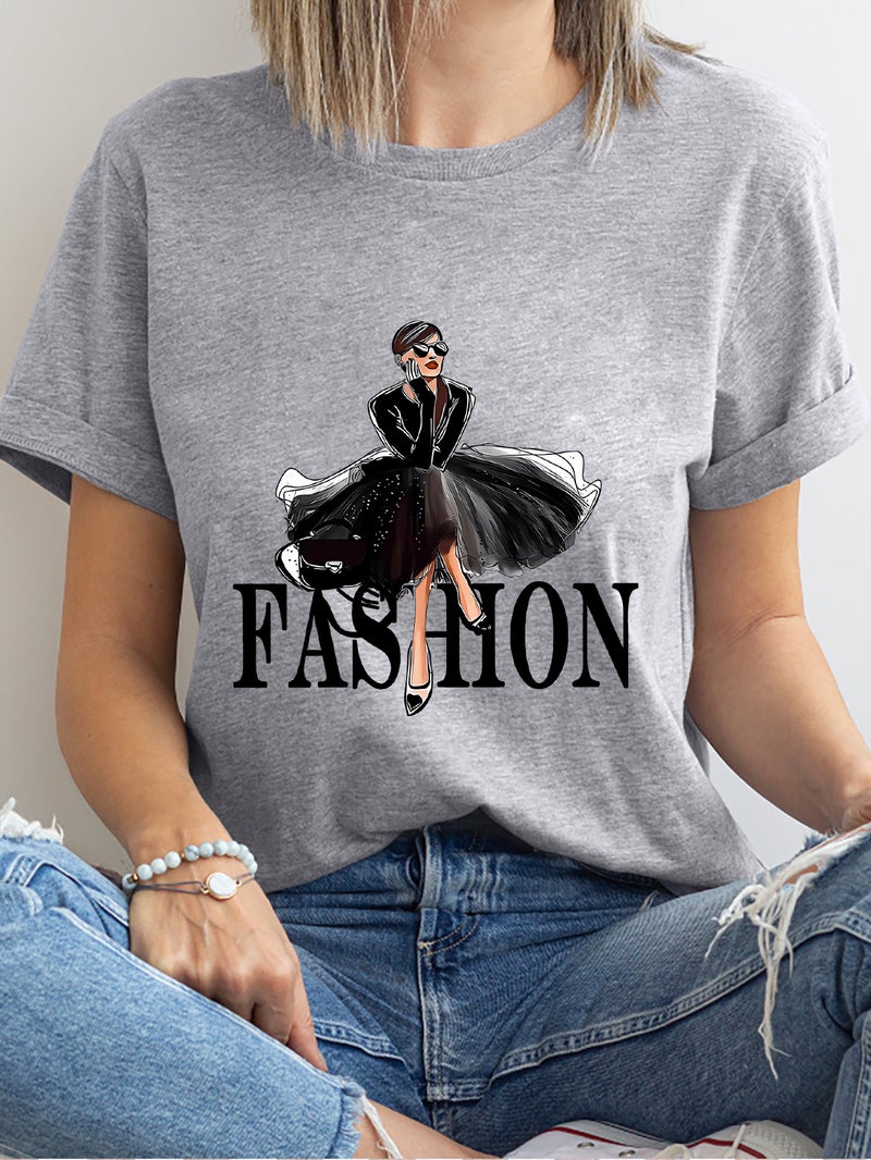 Independent Station Women'S Tops Round Neck Cartoon Printed Short-Sleeved T-Shirt-M - Image 1