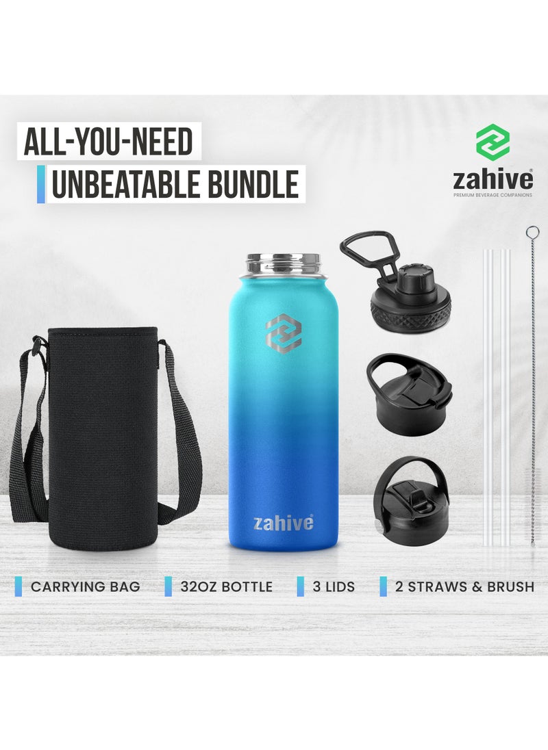 Zahive Stainless Steel Insulated Water Bottle with Straw with 3 Lids and Bag 1000 ml, Double Wall Thermos for Hot and Cold Drinks for Gym and Work, Wide Mouth, Leak Proof, 1 liter, Ocean Blue  - Image 2