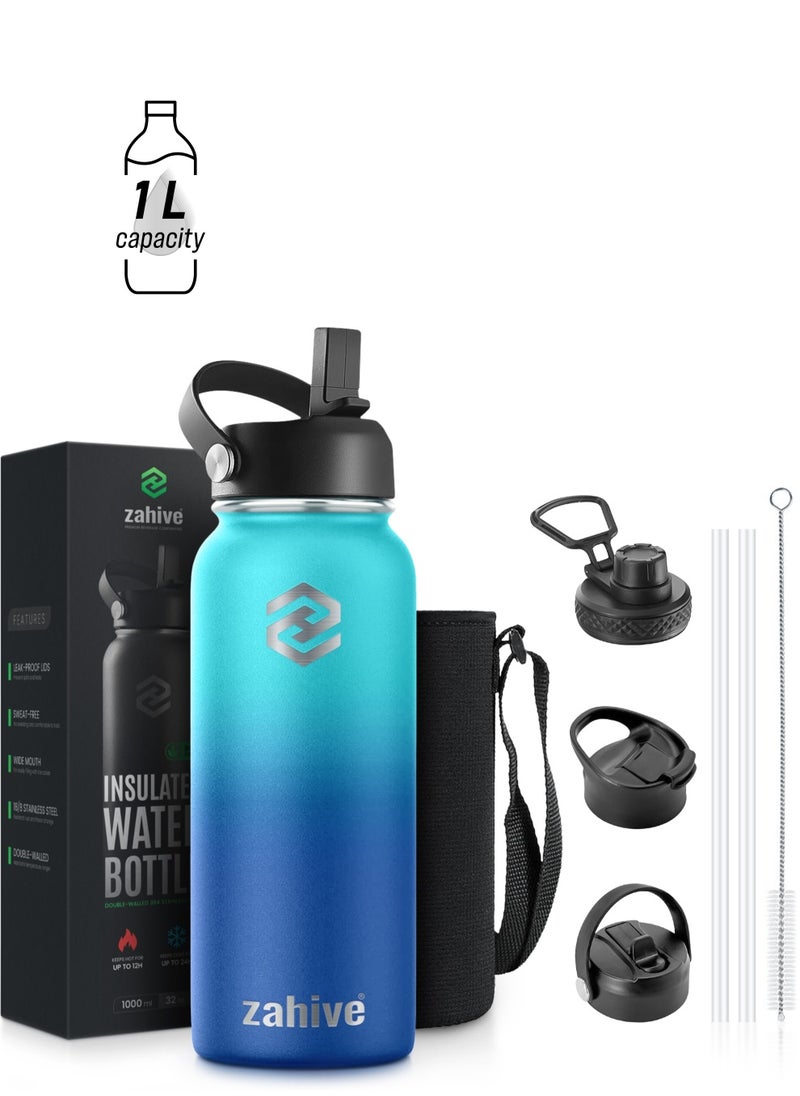 Zahive Stainless Steel Insulated Water Bottle with Straw with 3 Lids and Bag 1000 ml, Double Wall Thermos for Hot and Cold Drinks for Gym and Work, Wide Mouth, Leak Proof, 1 liter, Ocean Blue  - Image 1