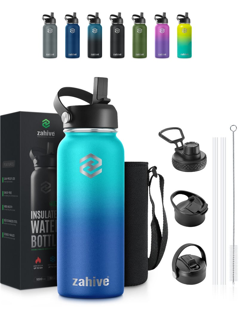 Zahive Insulated Stainless Steel Water Bottle with Straw with 3 Lids and Bag 1000 ml, Double Wall Thermos for Hot and Cold Drinks for Gym and Work, Wide Mouth, Leak Proof, 1 liter, Ocean Blue - Image 1