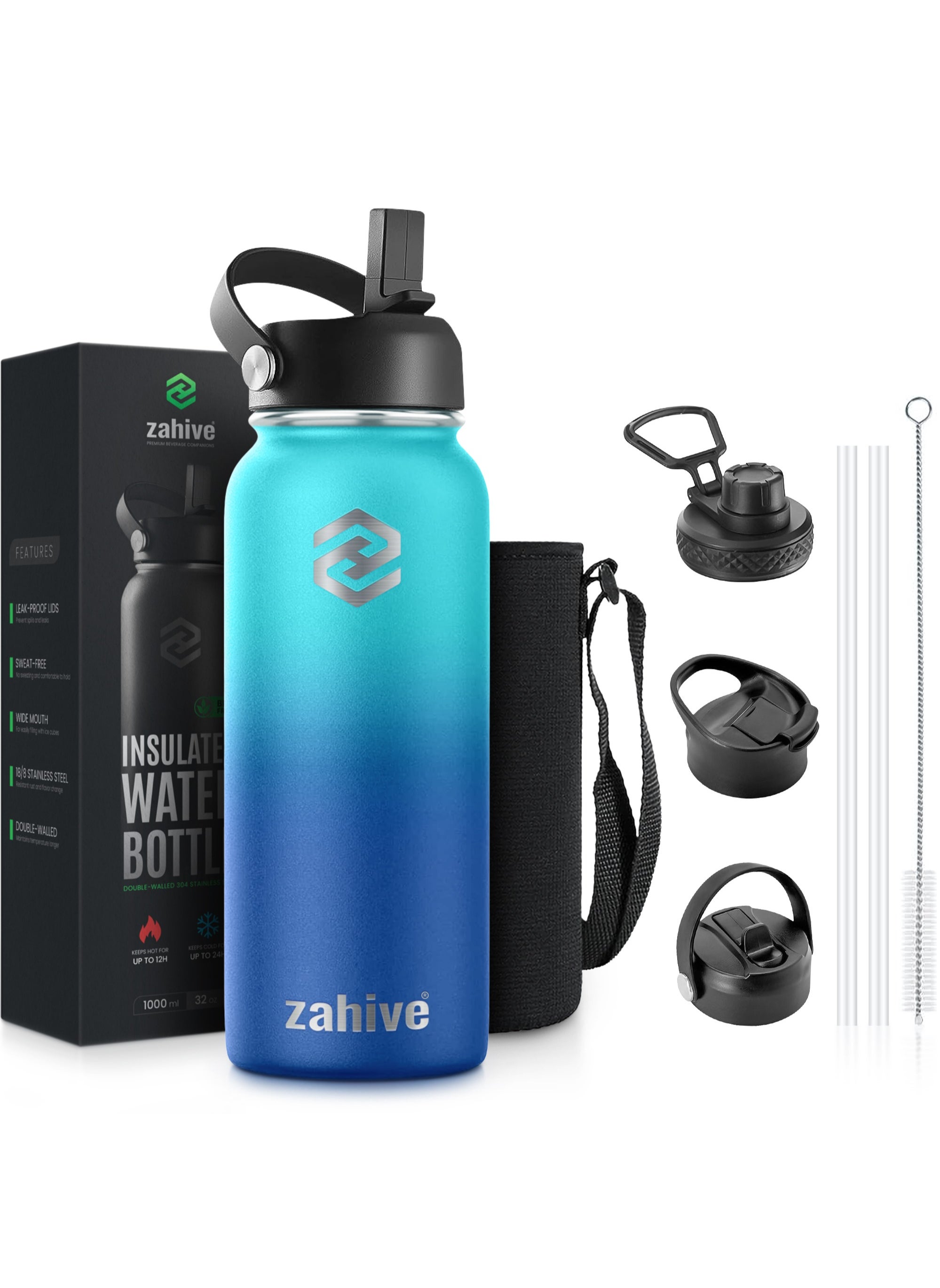 Zahive Stainless Steel Insulated Water Bottle with Straw with 3 Lids and Bag 1000 ml, Double Wall Thermos for Hot and Cold Drinks for Gym and Work, Wide Mouth, Leak Proof, 1 liter, Ocean Blue 