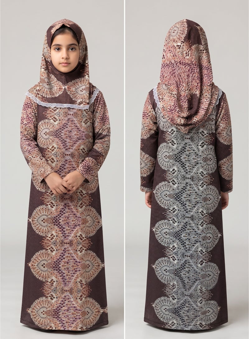 Kids Girls Prayer Esdall / Abaya Size 12 Patterned with Matching Sleeves and Hood - Islamic Prayer Dress - Image 2