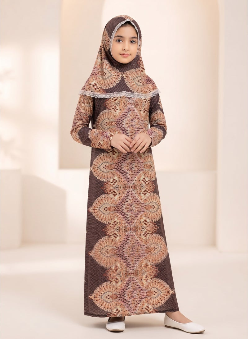 Kids Girls Prayer Esdall / Abaya Size 12 Patterned with Matching Sleeves and Hood - Islamic Prayer Dress - Image 3