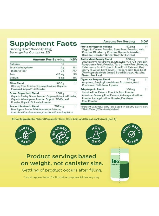 Bloom Nutrition Superfood Greens Powder, Digestive Enzymes with Probiotics and Prebiotics, Gut Health, Bloating Relief for Women, Chlorella, Green Juice Mix with Beet Root Powder, 25 SVG, Pineapple - Image 3