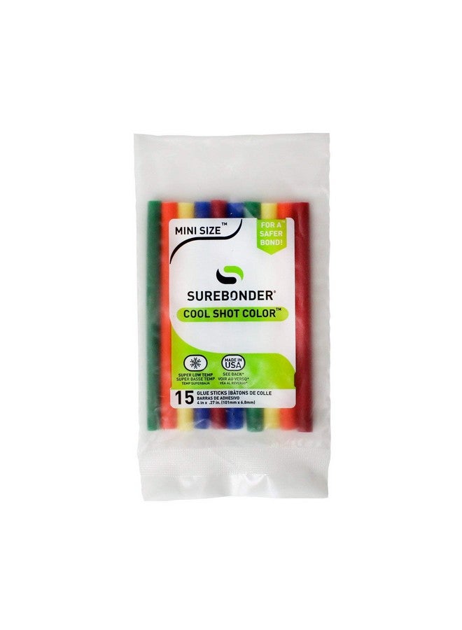 Surebonder "Cool Shot" Color Hot Glue Sticks For Ultra Low Temperature, Mini Size 4" - 15 Pack - Red, Orange, Yellow, Green, Blue - Made In Usa (Cs-15Vc) - Image 1