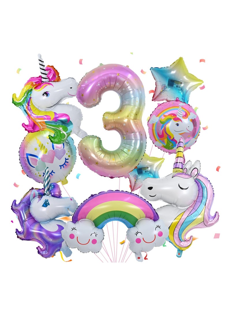 Unicorn Balloons 3rd Birthday Decorations for Girls Party Decoration Number with Foil Girl Theme Supplies 10 Pcs - Image 1