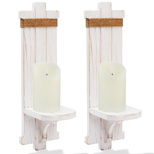 Homemory Wall Sconces Candle Holder Set of 2, Farmhouse Wooden Rustic Wall Decor for Living Room, Dining Room, Bedroom, Bathroom (White) - Image 1
