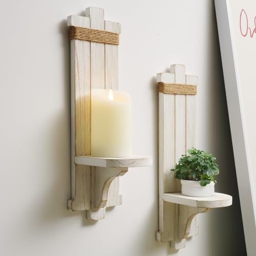 Homemory Wall Sconces Candle Holder Set of 2, Farmhouse Wooden Rustic Wall Decor for Living Room, Dining Room, Bedroom, Bathroom (White) - Image 3