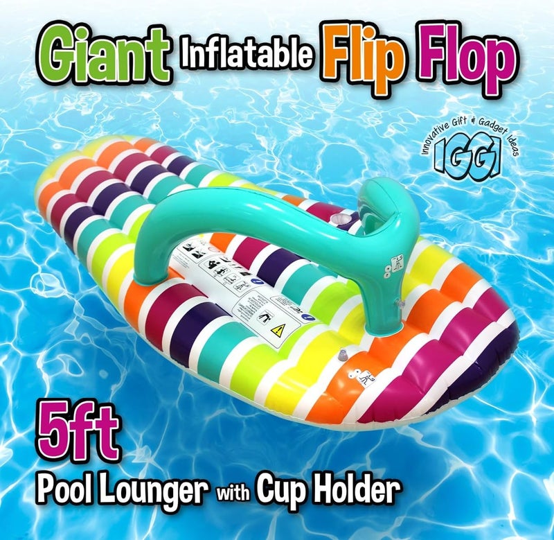 CKB Ltd 5ft Giant Inflatable Flip Flop Pool Lounger Air Bed, Multi-Coloured - STRIPE - Image 1