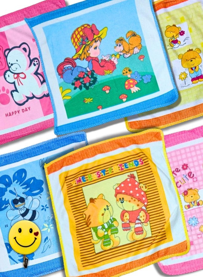 Quarya Cotton Face Towels for Newborn Baby Kids Soft Hankies Small Printed Cartoon Handkerchief Napkins Rumal for Infants Toddlers Girls and Boys Multicolor (24x24CM) (Pack of 6 Plus 1 Wall Hanger) - Image 5
