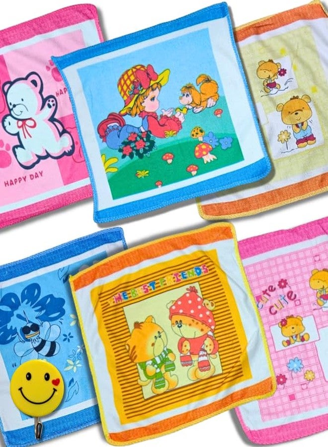 Quarya Cotton Face Towels for Newborn Baby Kids Soft Hankies Small Printed Cartoon Handkerchief Napkins Rumal for Infants Toddlers Girls and Boys Multicolor (24x24CM) (Pack of 6 Plus 1 Wall Hanger) - Image 1